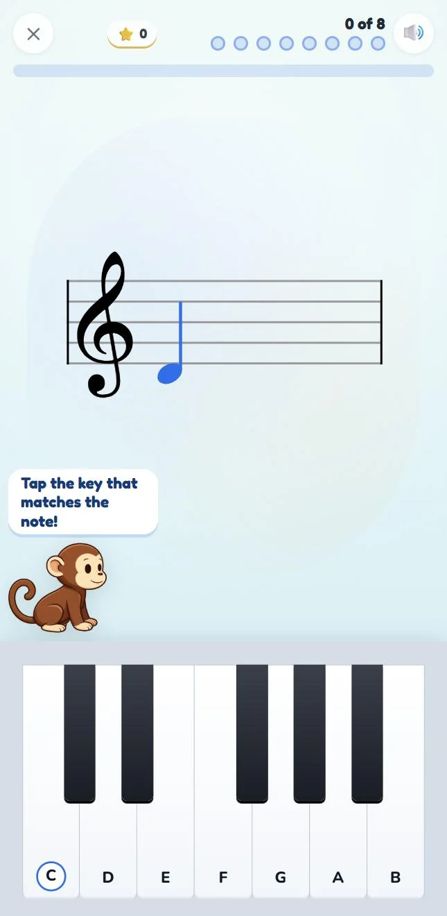 Playing a round on a phone: a note on the treble stave and an on-screen keyboard with the keys labelled.